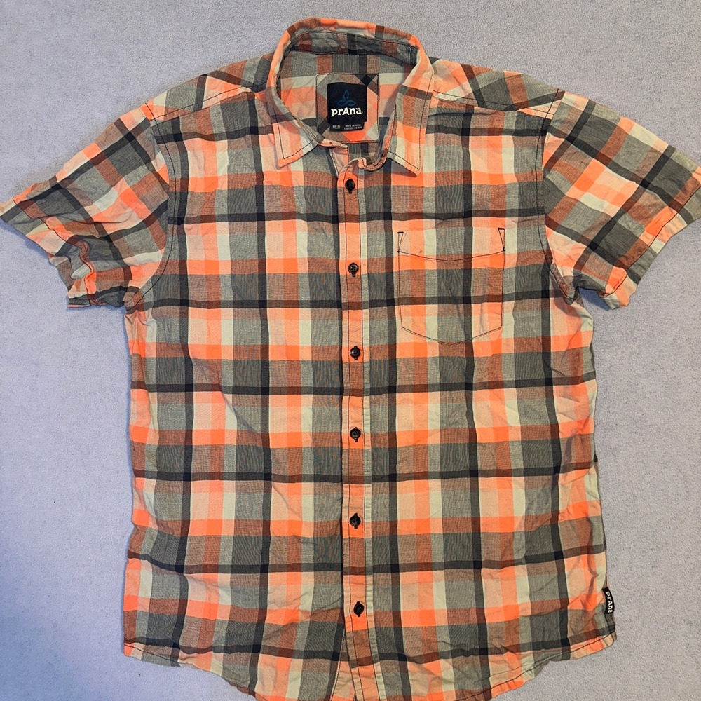 PrAna Button-Up Shirt Short Sleeves Plaid Orange Gray White Mens Size Medium
